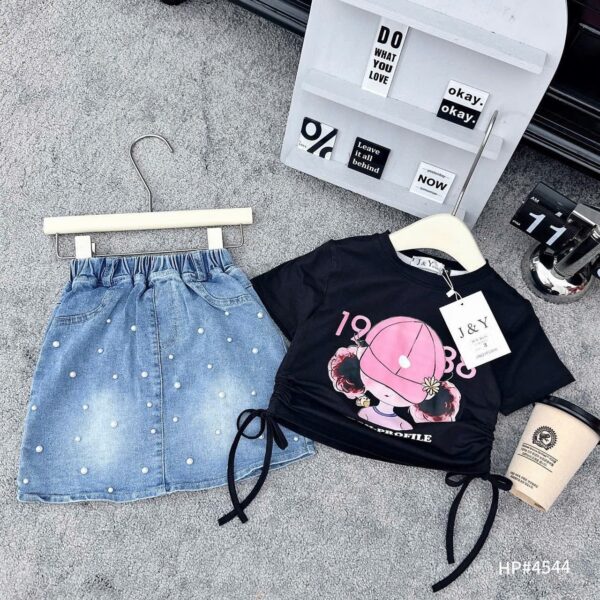 High profile beaded jeans skirt black  set