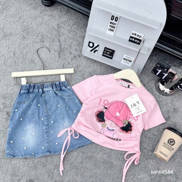 High profile beaded Jean skirt pink set