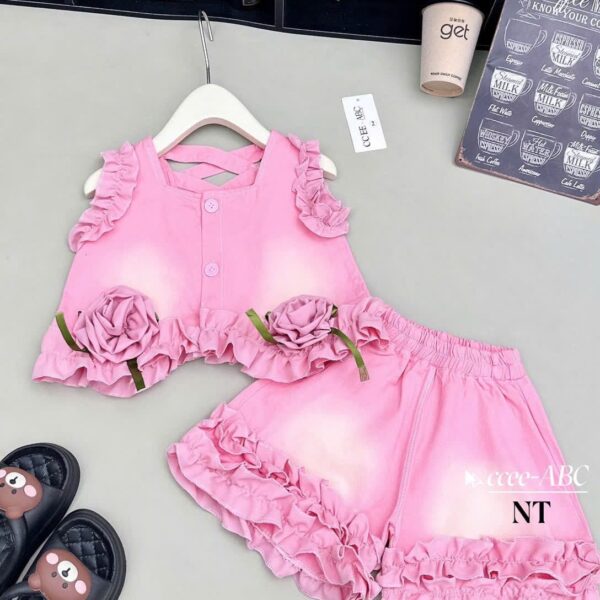 Pink top with skirt and bow tie 3pcs set