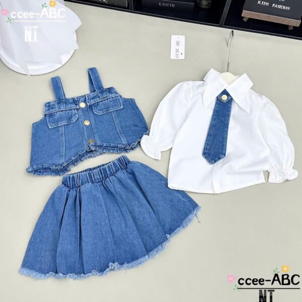Demin on demin long sleeve shirt with jean tie 4pcs set
