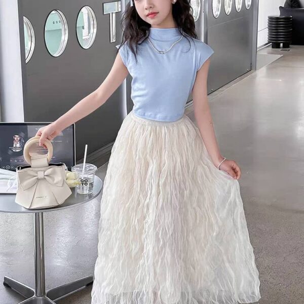 Stylish blue top/white skirt set